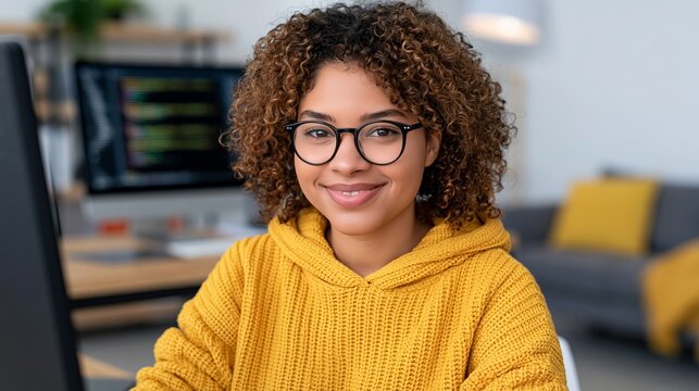 Young woman software developer wearing glasses working on computer in home office