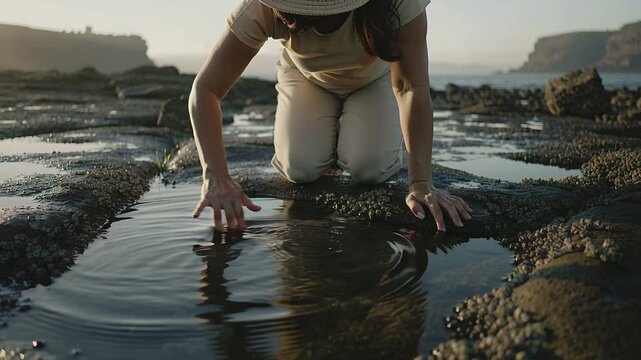 Kneeling woman wearing brimmed hat and sunglasses, curious, skimming tide pool on barnacle rock