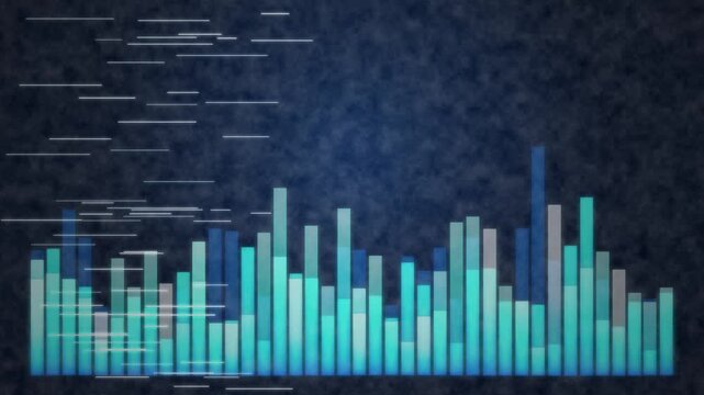 Digital Audio Equalizer Bars, Cyan and Blue Sound Wave Spectrum, Glowing Music Visualizer, Futuristic Data Lines, Dark Textured Background, Dynamic Motion Graphics