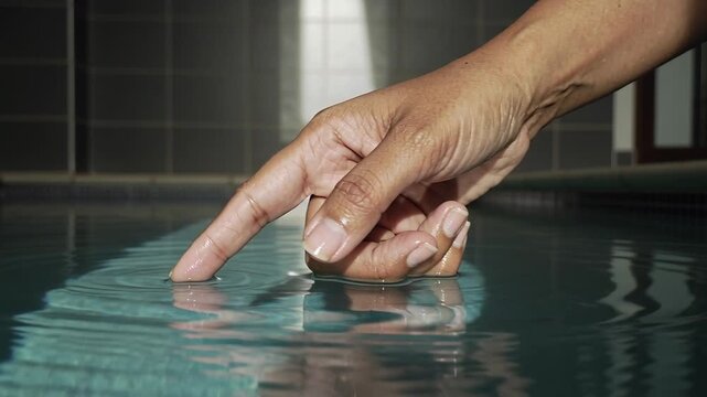 Pressing right hand index finger making ripples at tiled pool edge, distorting window reflection
