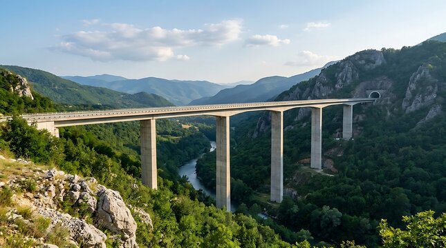 Impressive modern concrete bridge spans a deep river valley, surrounded by lush mountains and dense forests under a clear blue sky, engineering marvel