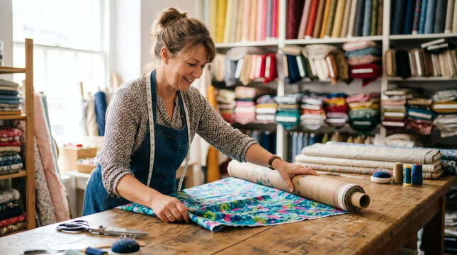 Woman fabric shop owner smiling while unrolling floral patterned fabric on wooden table