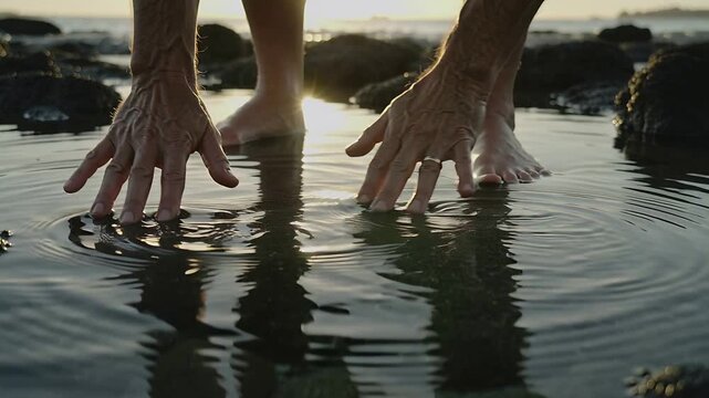Lowering fingertips making rings while aged hands skimming tidal pool on rocky shore, wedding band