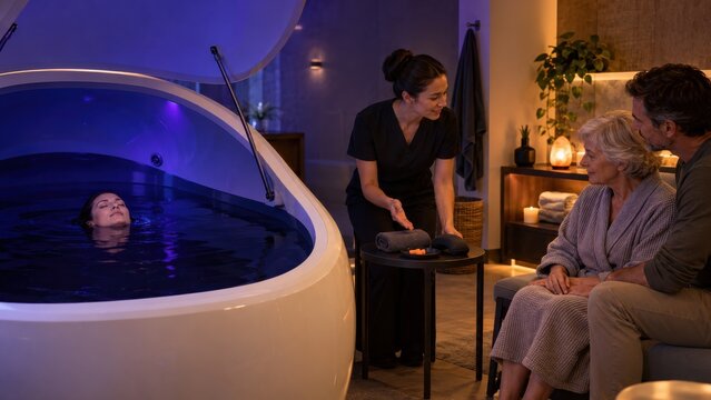 Spa worker explaining sensory deprivation float pod to family