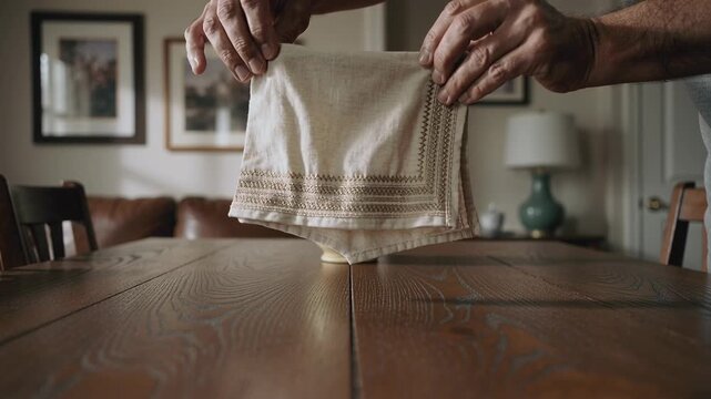 Reaching hands lifting and smoothing embroidered cloth on dining table, showing border