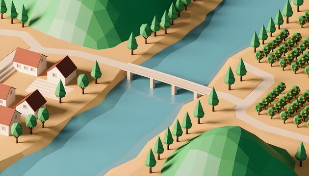 Low poly isometric river landscape with small houses and bridge