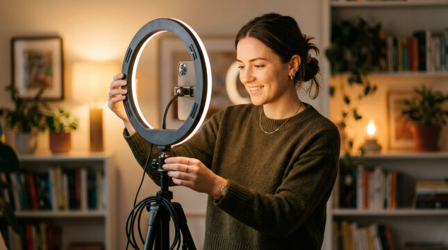 Young woman adjusting ring light for video recording at home