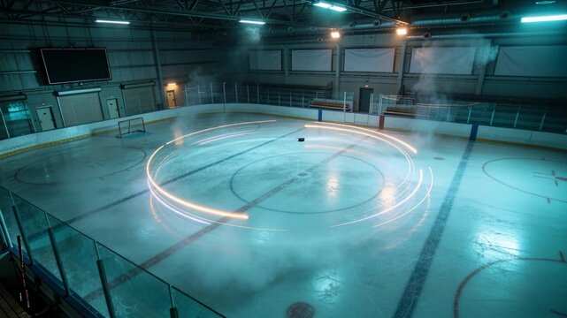 Circling after initial push, black puck tracing glowing rings across training rink, vapor plumes