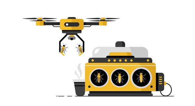 Future of Food: Automated Insect Processing Machine and Drone Technology for Sustainable Protein Production Illustration