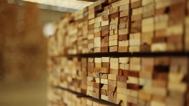 Moving text stacks rectangular sawn timber arranged in a warehouse : Large quantities raw timber have been neatly stacked ready serve raw material production wooden pallets and industrial packaging.