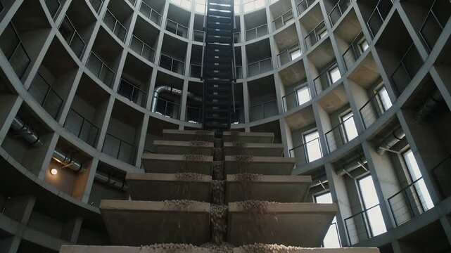 Pouring gravel central basins routing gravel down shaft by gravity in atrium with window grid right