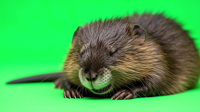 Slow push-in towards a muskrat resting peacefully on a green screen, highlighting its serene expression and the textures of its fur against the vibrant backdrop