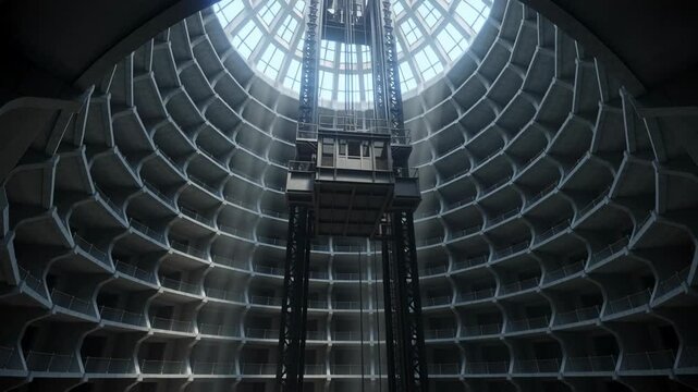 Motor starting, metal elevator car ascending through atrium to skylight passing rails to reach top