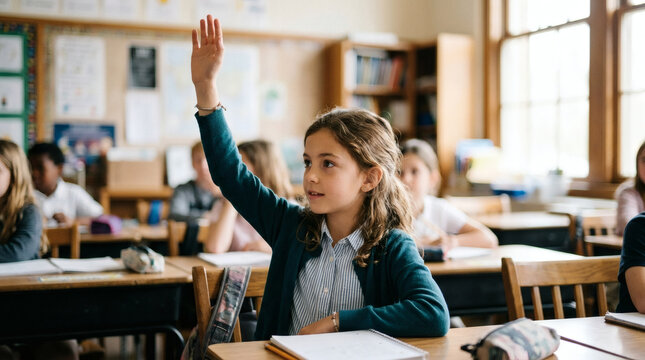 Young student raising hand in classroom eager to answer question