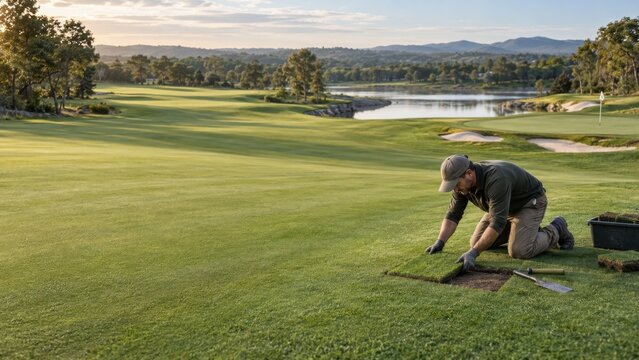 Groundskeeper replacing fresh turf on a scenic golf course fairway