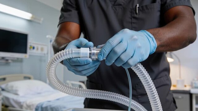 Aligning nurse in scrubs, gloved hands pushing vent connector and tubing at bedside for vent setup