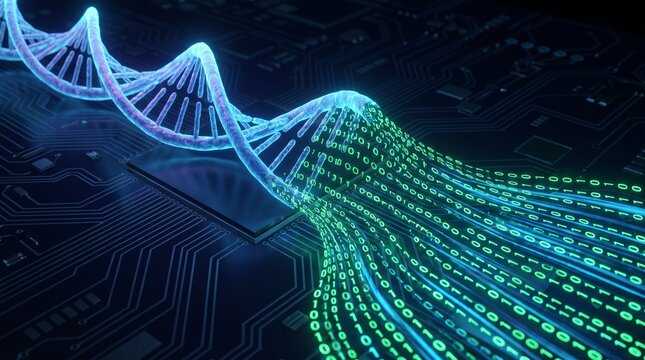 DNA double helix transitioning into digital binary code on circuit board