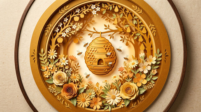 Intricate 3D paper cut art beehive illustration | Golden honeycomb papercraft with floral border | Layered paper art of bees in summer garden | Handmade paper sculpture beehive and flowers