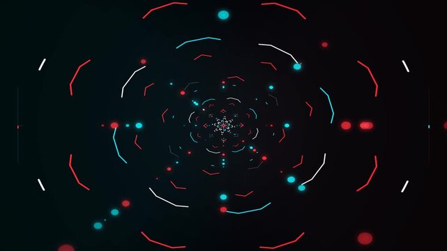 Dynamic digital tunnel animation featuring glowing red blue white particles and abstract futuristic