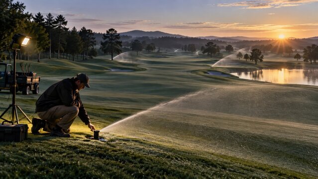 Golf course groundskeeper adjusting a sprinkler at sunrise