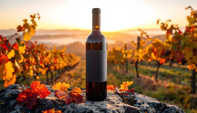 Red wine bottle in an autumn vineyard at sunset.