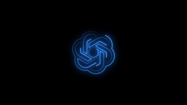Glowing blue neon abstract geometric logo animation rotating on a solid black background