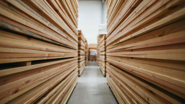Stacks of wooden planks and boards neatly stored inside a large warehouse storage facility