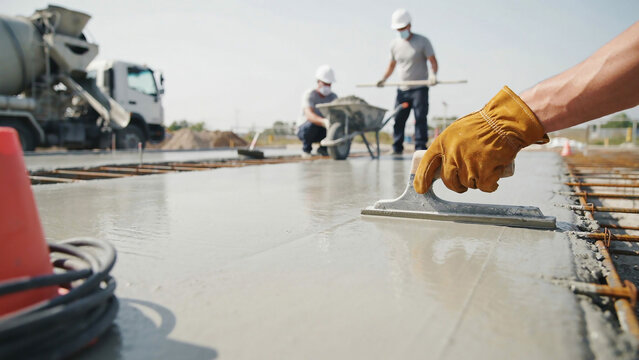 Construction worker wearing gloves smoothing wet concrete surface with a trowel on a building site