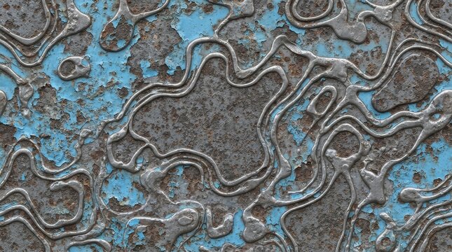 Distressed metallic texture with peeling blue paint