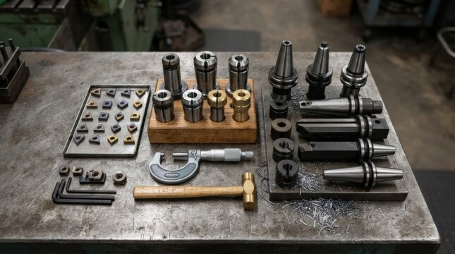 Industrial knolling of CNC tooling featuring carbide inserts, collet chucks, a micrometer and steel turnings on a machine shop workbench.