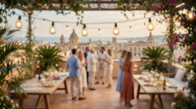 Rooftop cocktail party at sunset with friends gathering on a scenic outdoor terrace overlooking an Italian city landscape photo featuring blurred social gathering and luxury lifestyle atmosphere