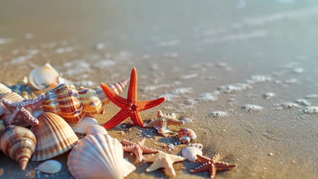 Seashells and Orange Starfish on a Sandy Beach Shore