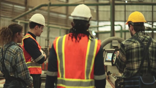 Team carpenters and operators automated wood cutting machinery meets plan oversee the production high quality durable wooden pallets crafted meticulously selected materials industrial facility.