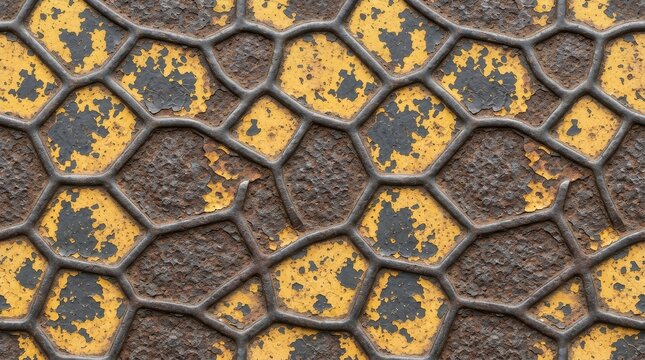 Weathered metal surface with peeling yellow paint and rust