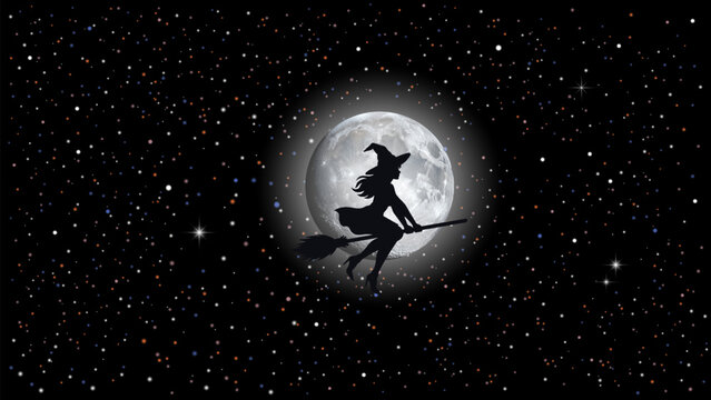 Vector dark fantasy holiday poster. Halloween. Black silhouette of beautiful young witch flying on broomstick, wearing shoes, short dress and hat. Bright glowing moon. Magic and sorcery. Miracle stars