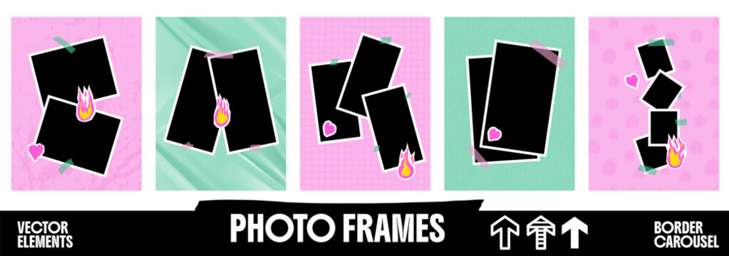 Snapshot blank set with five photo frame layouts. Pink and mint grids feature hearts, flames and crumpled paper. Vector snapshot blank collection for social media or school album design
