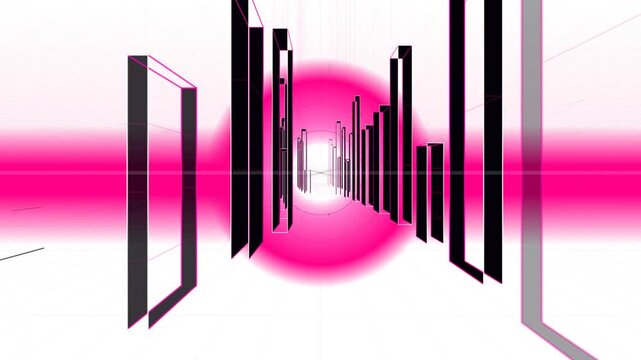 Futuristic digital tunnel with glowing pink light and abstract moving geometric shapes modern tech b