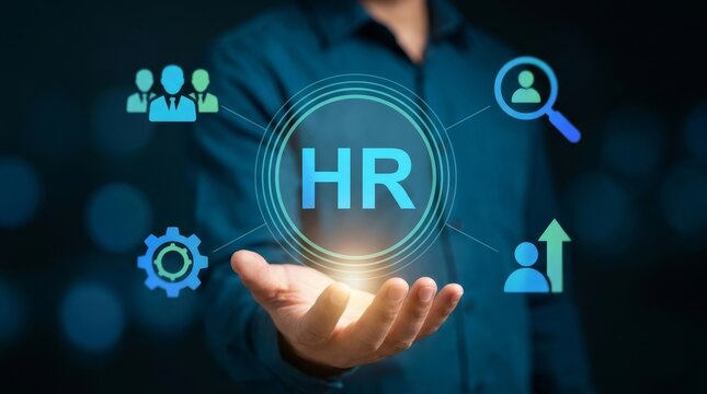 Man holds virtual HR icon with blue and green digital symbols. Business theme, dark background.