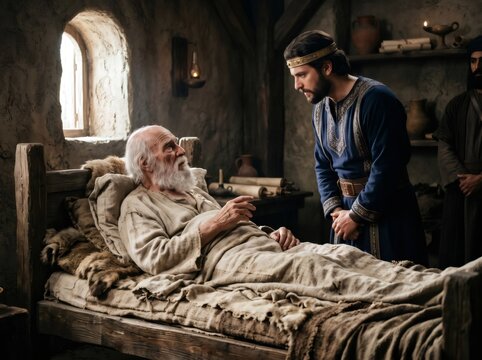 Prophet Elisha prophesying to King Joash on deathbed