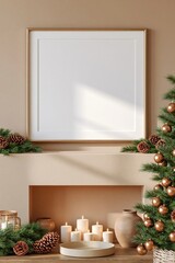 Fototapeta premium Blank framed poster mockup over fireplace mantel with warm christmas decorations