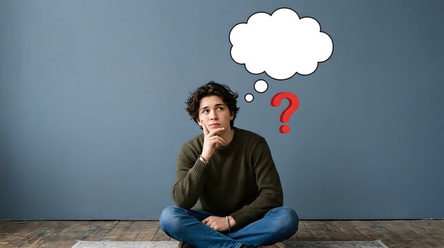 Young man thinking with a blank thought bubble and question mark on blue wall