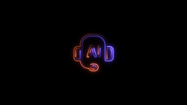 Neon AI headset icon glowing on black background for customer support and technology concepts