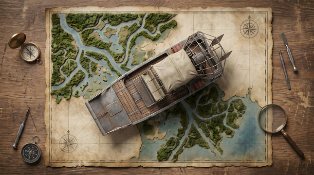 An intricate airboat model positioned over a detailed vintage geographical map surrounded by navigation tools.