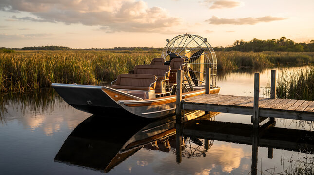 A modern airboat docked at a wooden pier in the tranquil wetlands during a golden sunset evening