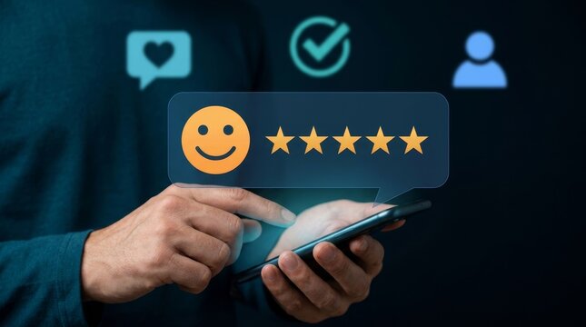 A hand using a smartphone showing a five-star rating with emoticons. Ideal for customer review concepts.