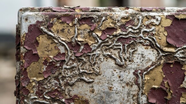 Close up of severely decayed industrial metal panel texture