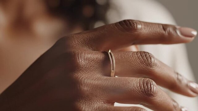 Close up view of a person wearing an elegant metallic ring on a finger showcasing detailed skin texture