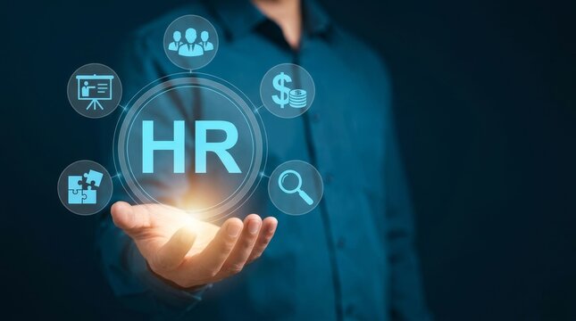 A businessman holds digital HR icons in a glowing interface, showcasing modern HR technology and innovation.