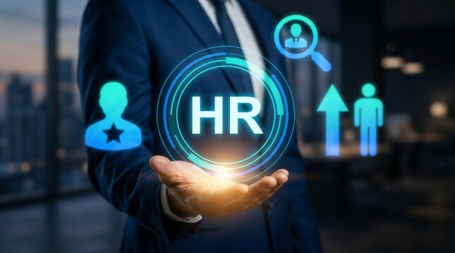 Business person holding a virtual HR symbol, representing digital HR solutions.