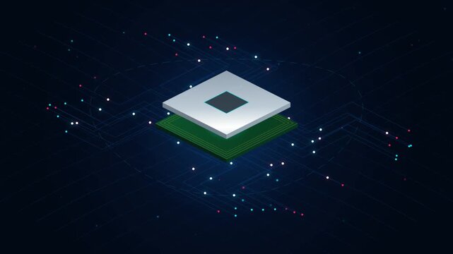 Futuristic microchip processor on abstract digital background with data lines and glowing particles